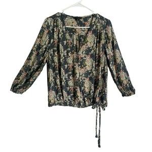Lucky Brand Boho Floral Sawyer Surplice V-Neck Wrap Shirt Top Gray Multi Medium